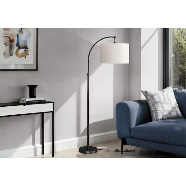 65 in. H Black Tall Arc Brass Metal Floor Lamp with Ivory Drum Shade