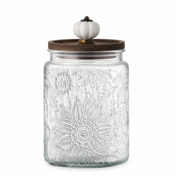 34 floz Vintage Embossed Glass Jar with Airtight Lid, Floral Pantry Canister for Sugar, Coffee, Tea, Candy, Cookies, Pas