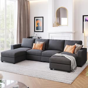 131 in. Square Arm 3-Piece Polyester U-Shaped Sectional Sofa in Gray with Chaise