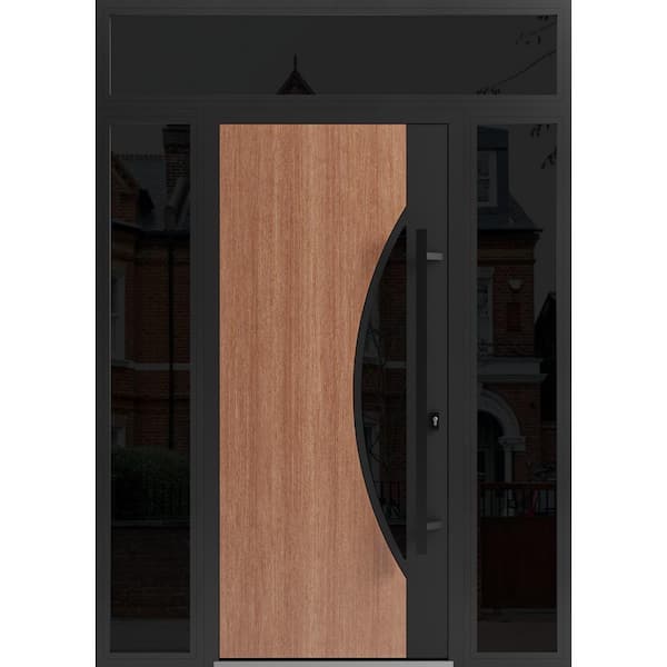 VDOMDOORS 1077 60 in. x 96 in. Left-hand/Inswing 3 Sidelight Tinted Glass Teak Steel Prehung Front Door with Hardware