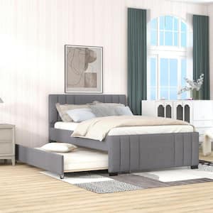 Gray 56.3 in. W Wood Frame Full Upholstered Platform Bed with Trundle Wood Kids Adult Trundle Bed with Solid Slats
