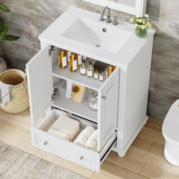 24 in. Single Sink Freestanding White Bath Vanity with White Ceramic Top Unassembled