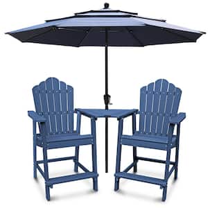 4-Piece Outdoor HIPS Bar Height Adirondack Chair Set with Attached Tray and 3-Tiers Outdoor Market Umbrella