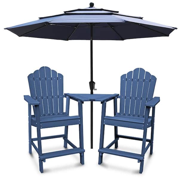 Unbranded 4-Piece Outdoor HIPS Bar Height Adirondack Chair Set with Attached Tray and 3-Tiers Outdoor Market Umbrella