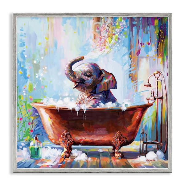 Splashing Baby Elephant by Leon Devenice Gray Framed Animal Giclee Art Print 17 in. x 17 in.