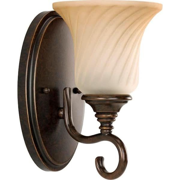 Progress Lighting Kensington Collection 1-Light Forged Bronze Wall Sconce with Frosted Caramel Swirl Glass