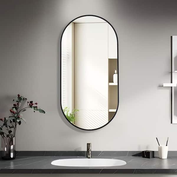 UPIKER 18 in. W x 35 in. H Large Oval Aluminum Framed Copper-Free Wall Bathroom Vanity Mirror in Black