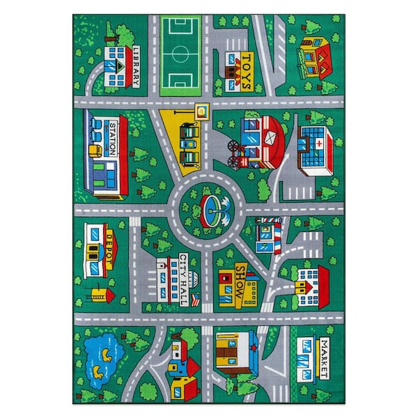 Kids Playmat Green 5 ft. x 7 ft. Road Traffic Educational Non Slip Area Rug