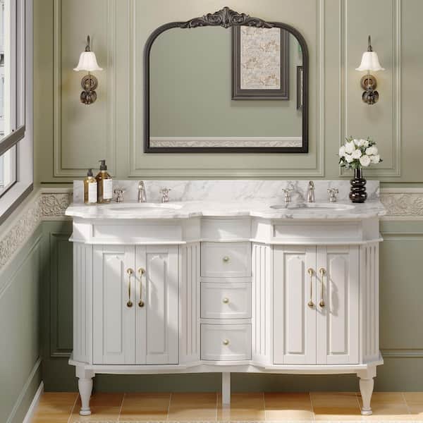 54 in. White Wood Double Sink Freestanding Bathroom Vanity with White Marble Top (Assembled)