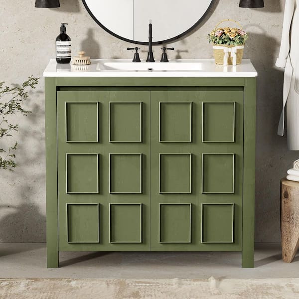 36 in. W x 18 in. D x 34 in. H Single Sink Freestanding Bath Vanity in Olive Green with White Ceramic Top