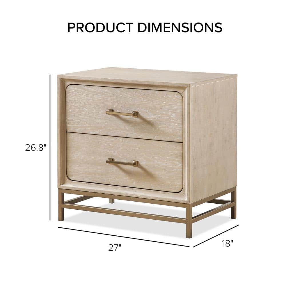 Oak and Metal 2-Drawer Nightstand with Brass Handles