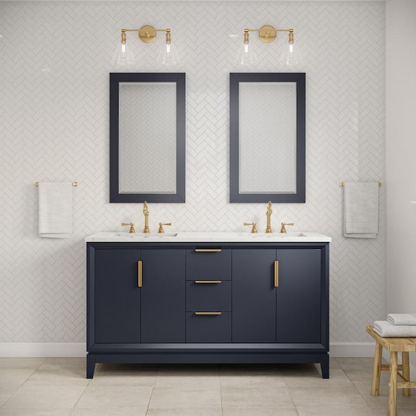 Water Creation Elizabeth 60 in. Monarch Blue With Carrara White Marble Vanity Top With Ceramics White Basins and Mirror