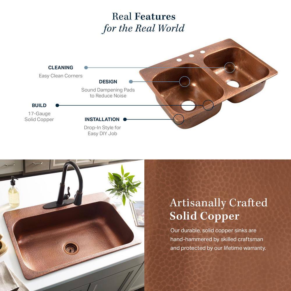 Angelico Copper 33" Double Bowl Drop-In Kitchen Sink