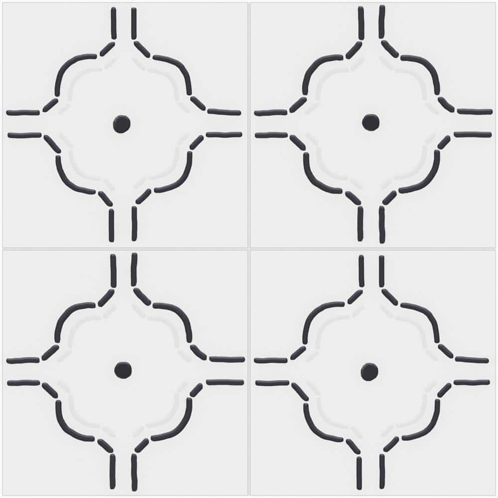 Kenzo 8" x 8" White and Black Porcelain Patterned Tile