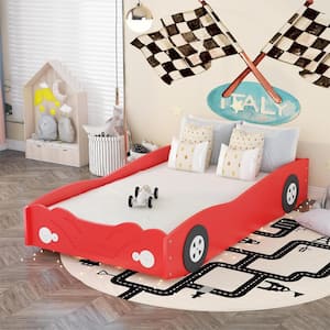 40 in. W Twin Size Car-Shaped Platform Bed for Kids Toddlers, Solid Wood Platform Bed with Wheels, Red