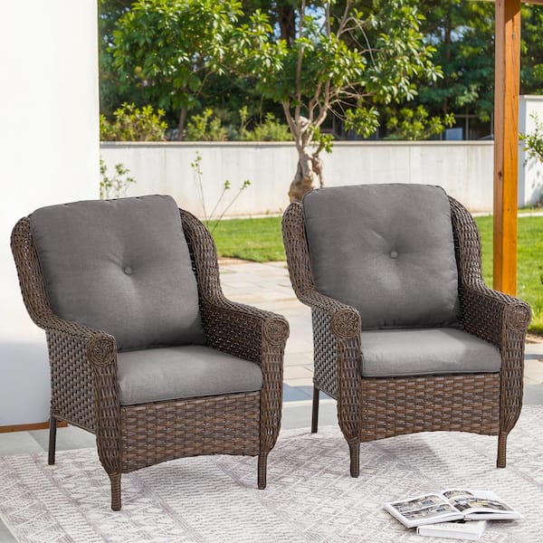 Patio Brown Wicker Outdoor Lounge Chair with Gray Cushions and Chrysanthemum Armrest (2-Pack)