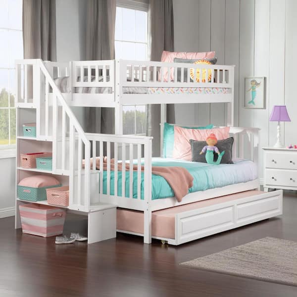 AFI Woodland Staircase Bunk Bed Twin over Full with Twin Size Raised Panel Trundle Bed in White