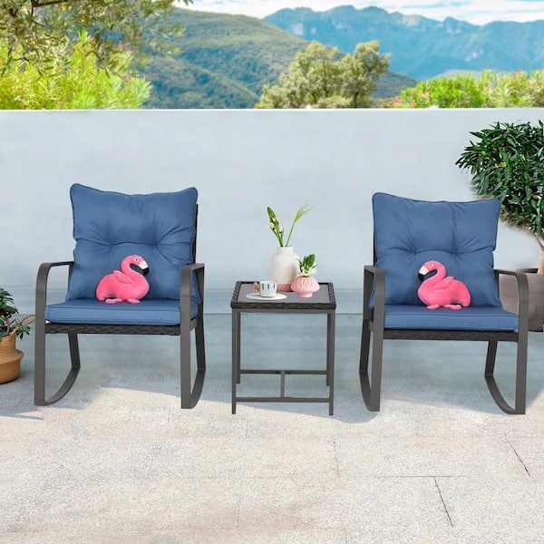 Zeus & Ruta 3-Piece Wicker Outdoor Bistro Set with Blue Cushion for Yard Garden Poolside