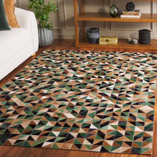 Studio Leather 8 ft. x 10 ft. Green/Light Brown Geometric Triangles Area Rug