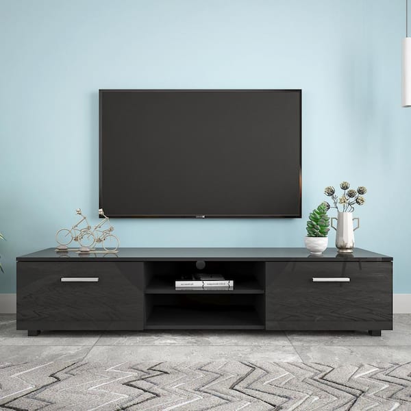Qualler 63 in. Black TV Stand Fits TV's up to 70 in. with Open Shelves