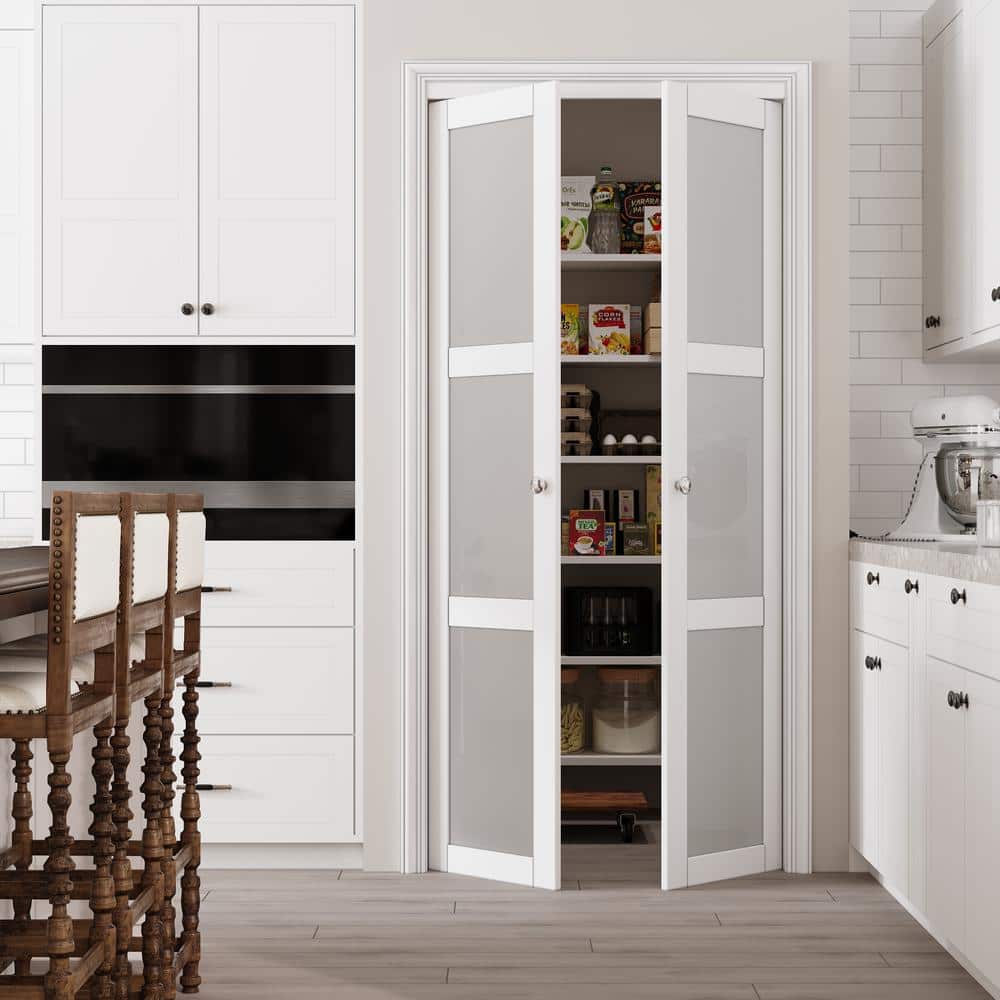 36 in. x 80 in. Frosted Glass Solid Core MDF Bi-fold Door Plus French Style Pivot Hardware (3-Lite White Finish) price history on PriceWatchPro