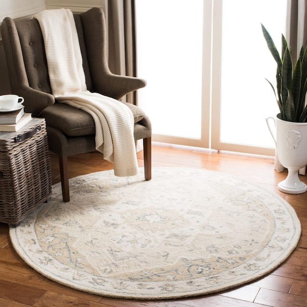 Micro-Loop Beige/Ivory 5 ft. x 5 ft. Medallion Border Round Area Rug