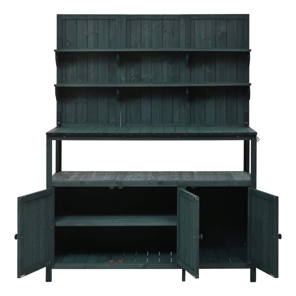 Green Fir Wood Garden Workstation with 2 Shelves, 2 Cabinets and 3 Side Hoo