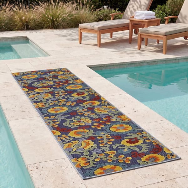 Aloha Navy Multicolor 2 ft. x 10 ft. Floral Contemporary Runner Area Rug