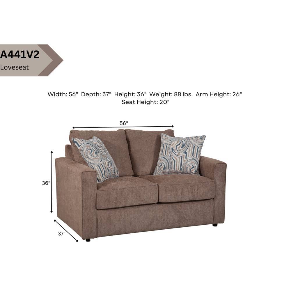 Latte Brown Chenille Fabric Loveseat with Track Arms and Throw Pillows