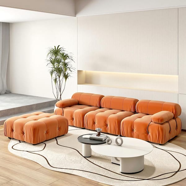 Chameleon 104 in. Square Arm Oversized 4-Piece Modern Velvet Modular Combination Sectional Sofa with Ottoman in Orange