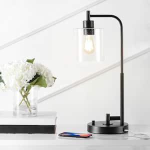 Axel Modern 23 in. Black Iron/Seeded Glass Farmhouse Industrial USB Charging LED Task Lamp