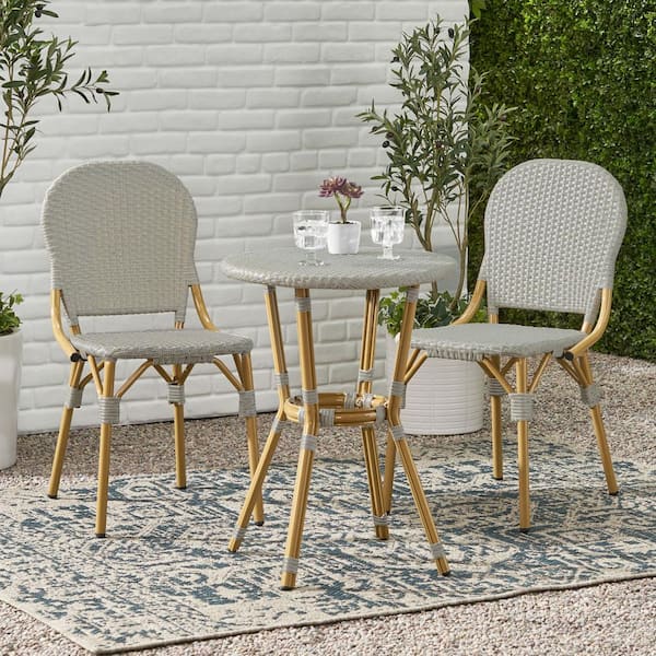 Unbranded 3-Piece Gray Bamboo Finish Aluminum Armless French Outdoor Bistro Set
