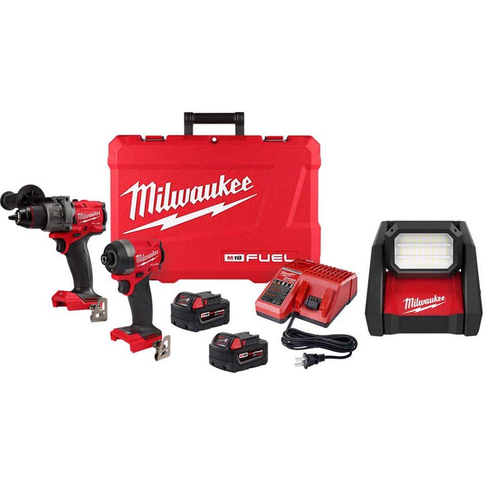Milwaukee M18 FUEL 18-Volt Lithium Ion Brushless Cordless Combo Kit (2-Tool) with 2 Batteries, Charger and AC/DC LED Flood Light -  3697-22-2366