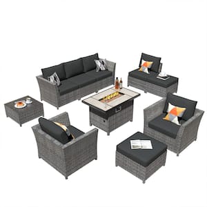 Bexley Gray 10-Piece Wicker Patio Rectangle Fire Pit Conversation Seating Set with Black Cushions