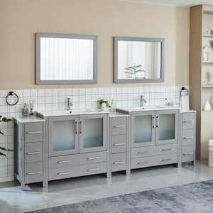 Brescia 108 in. W x 18 in. D x 36 in. H Bathroom Vanity in Grey with Double Basin Top in White Ceramic and Mirrors