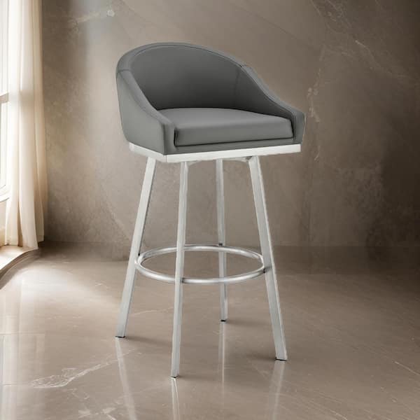 Benjara 26 in. Gray and Chrome Low Back Metal Frame Bar Stool with Faux Leather Seat
