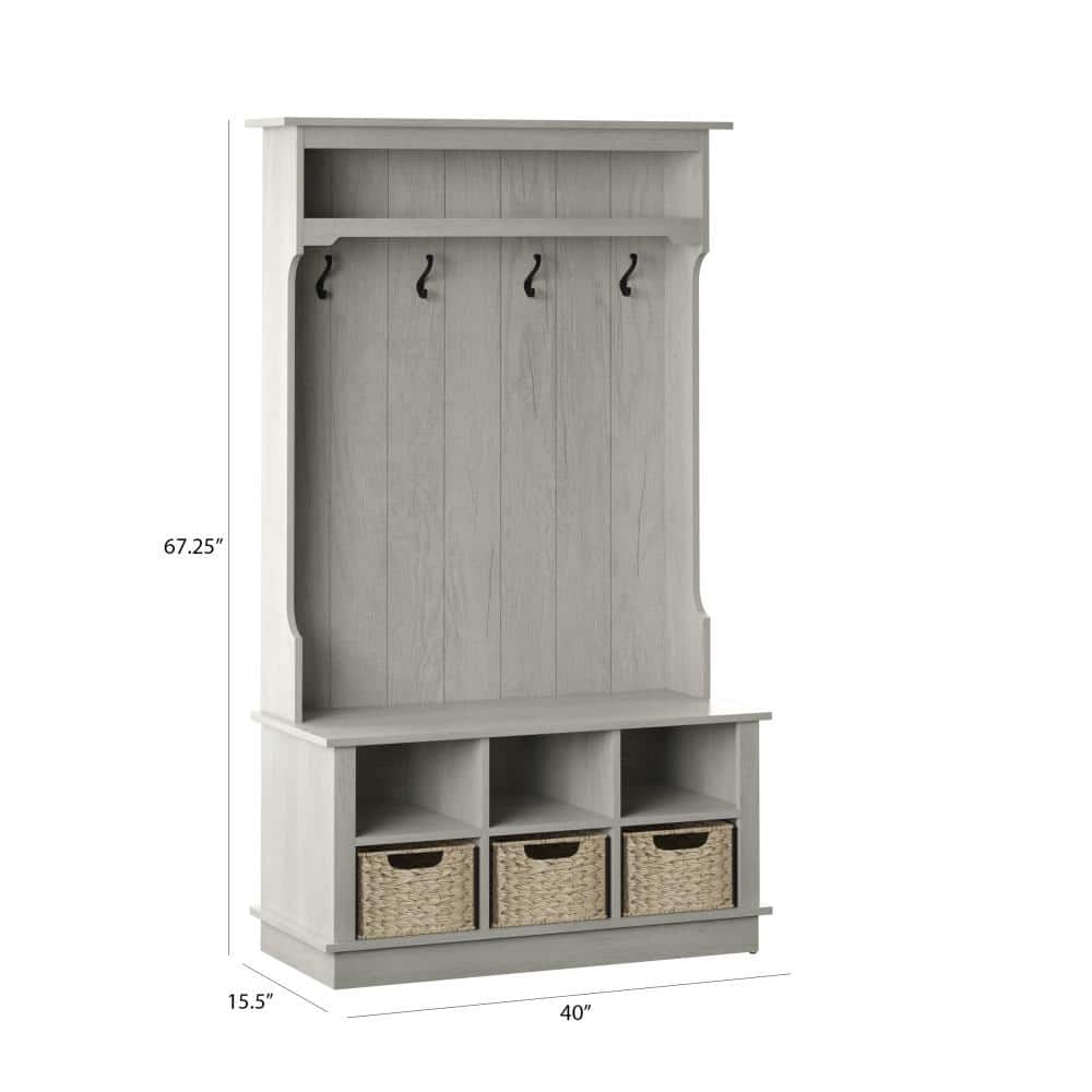 Fairfax Oak Hall Tree with Open Storage and Woven Baskets