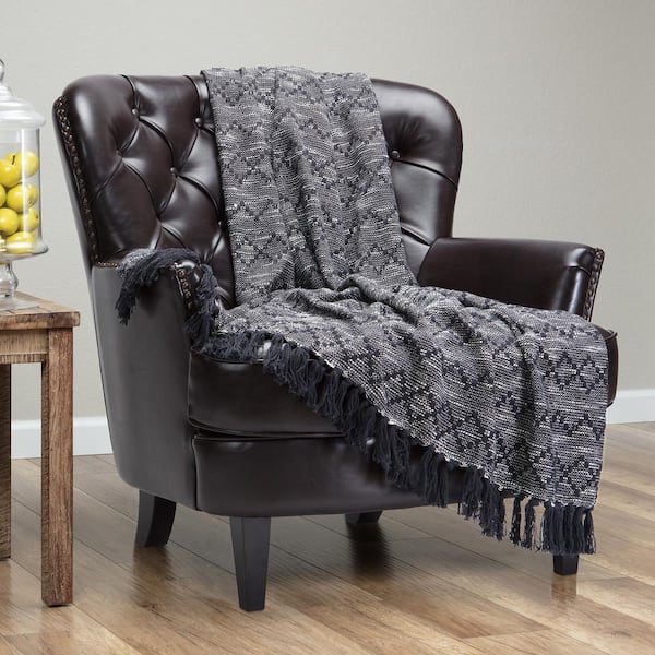 CHANASYA Rustic Black Modern Diamond Cotton Throw Blanket with Tassels - 50 in. x 65 in.