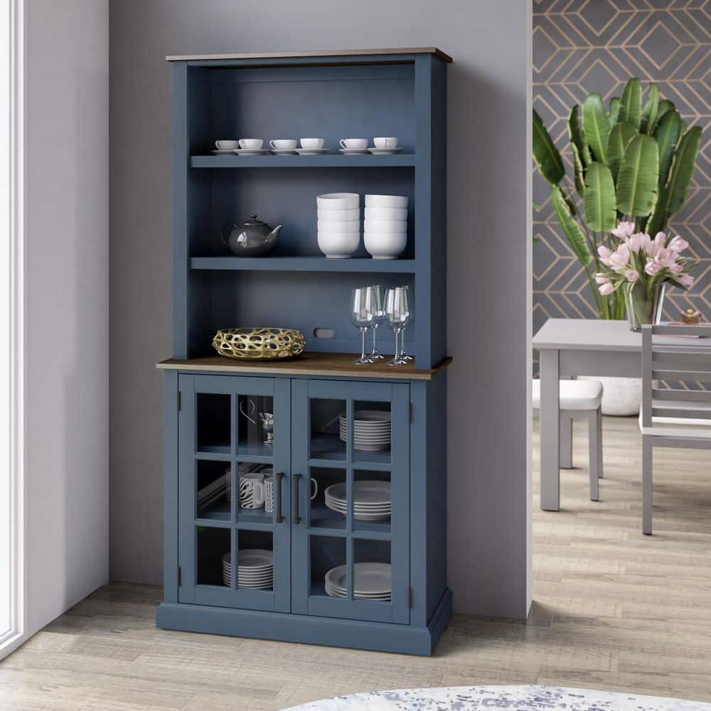 Twin Star Home Fontana Blue Buffet and Hutch with Framed Glass