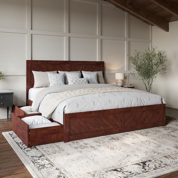Canyon Walnut Brown Solid Wood King Platform Bed with Matching Footboard and Storage Drawers