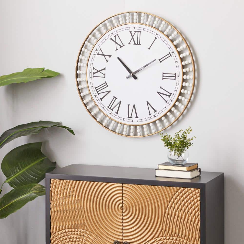 Oversized White Beaded Wall Clock with Gold Frame