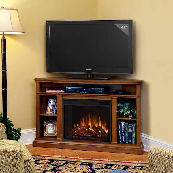 Real Flame Churchill 51 in. Corner Media Console Electric Fireplace in Oak