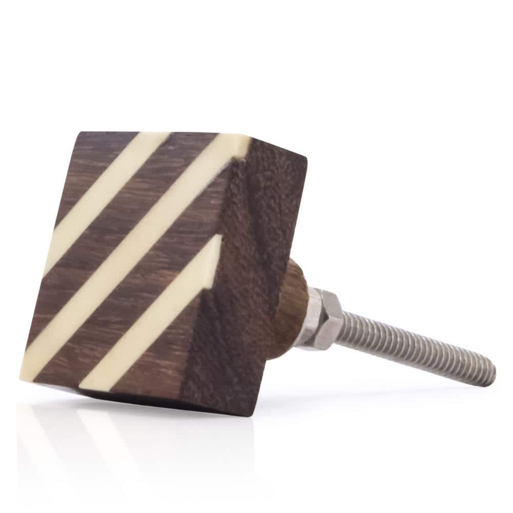 Cream and Brown Wood Square Cabinet Knob with Mounting Hardware
