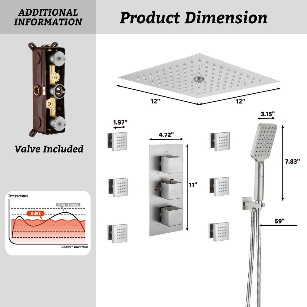 12" Brushed Nickel LED Ceiling Mounted Rainfall Shower System