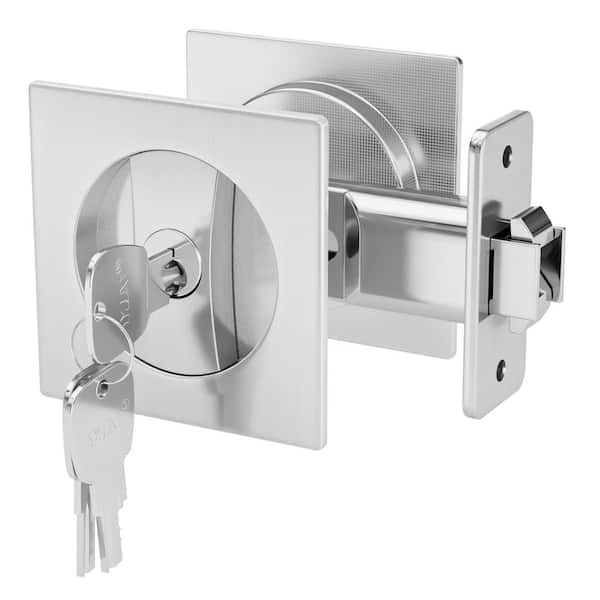 Square Zinc Alloy Silver Bed/Bath Pocket Door Latch with Key Privacy Pocket Door Hardware Sliding Pocket Door Lock