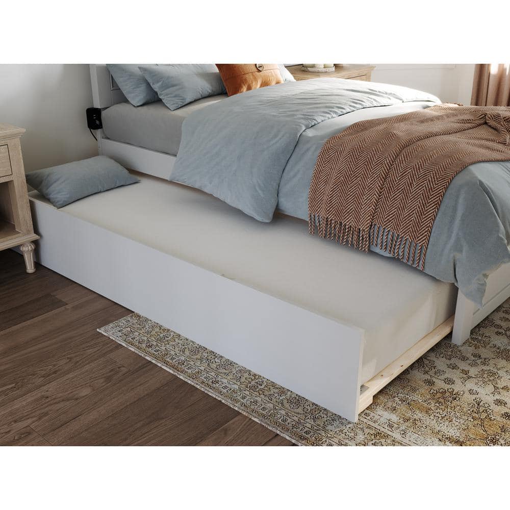 White Twin Wood Platform Bed with Trundle and Chevron Headboard