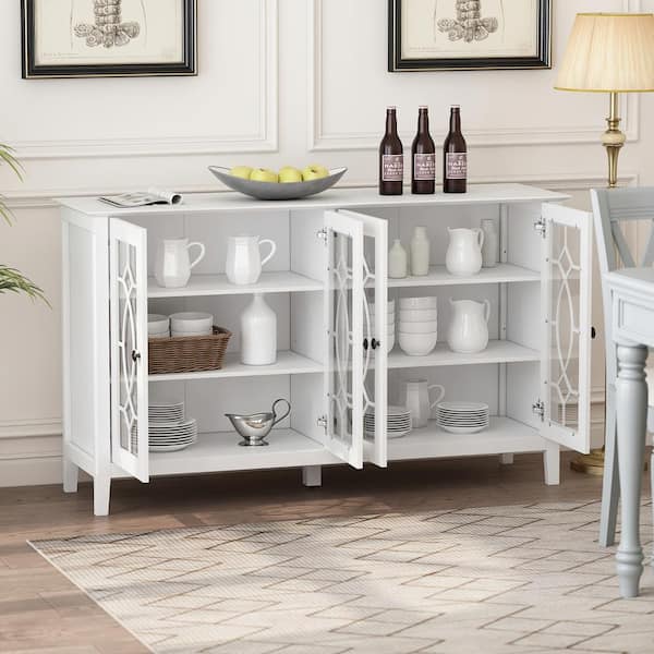 Modern White Wood Buffet Sideboard, Dining Room Cabinets With Glass Doors