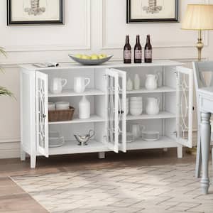 Modern White Wood Buffet Sideboard With Storage Cabinet, Glass Doors, and Adjustable Shelves for Kitchen Dining Room