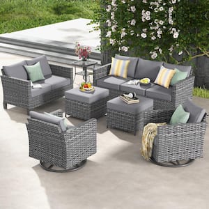 Neptune Gray 7-Pcs Wicker Patio Conversation Seating Sofa Set with Dark Gray Cushions and Swivel Rocking Chairs