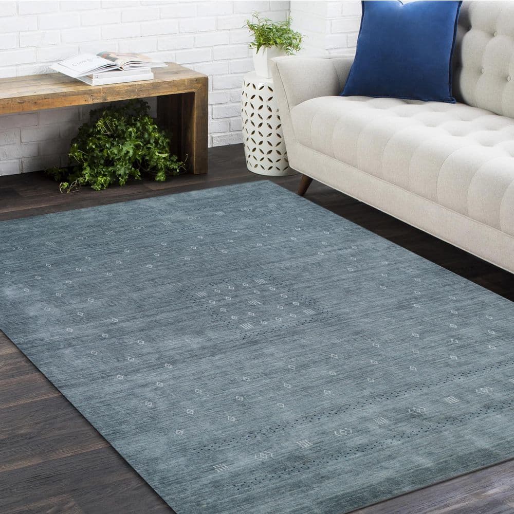 Slate Grey Geometric Hand-Knotted Wool Area Rug 6' x 9'
